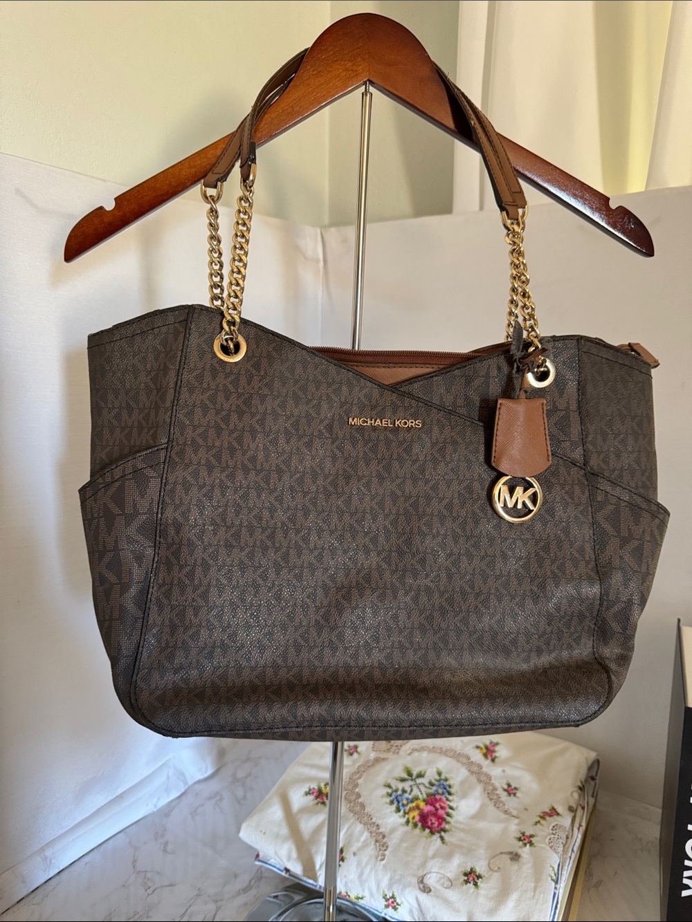 Michael Kors Brown Logo-oPrint Tote with Gold Hardware